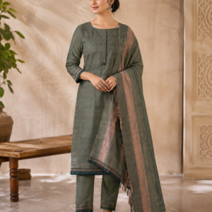 Olive Green Checked Dress Material