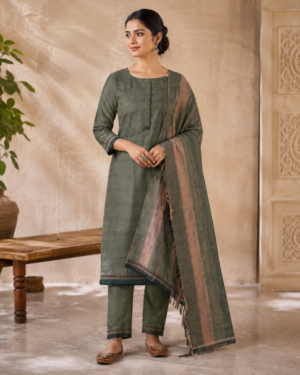 Olive Green Checked Dress Material
