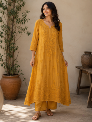 Mustard Yellow Embroidered Kurti