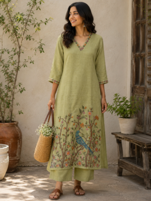 Sage Green Bird Embroidered Kurti Set