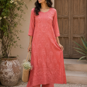 Coral Pink Embroidered Kurti