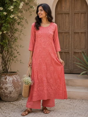 Coral Pink Embroidered Kurti