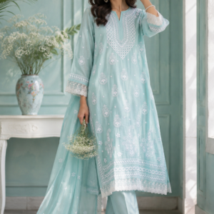 Aqua Blue Chikankari Embroidered Kurti Set