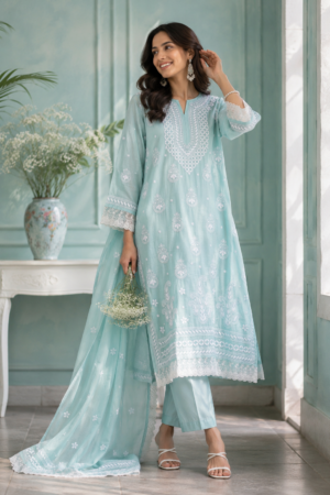 Aqua Blue Chikankari Embroidered Kurti Set