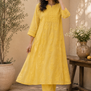 Lemon Yellow Embroidered Net Kurti