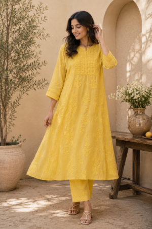 Lemon Yellow Embroidered Net Kurti