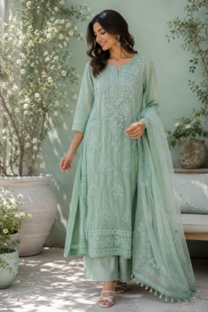 Mint Green Embroidered Net Kurti