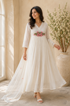 Ivory Floral Embroidered  ⁠Anarkali Suits