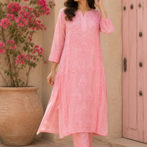 Baby Pink Chikankari Embroidered Kurti Set