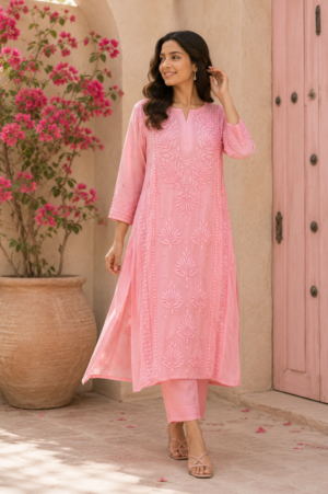 Baby Pink Chikankari Embroidered Kurti Set