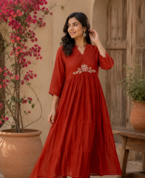 Rust Orange Floral Embroidered Anarkali Suits
