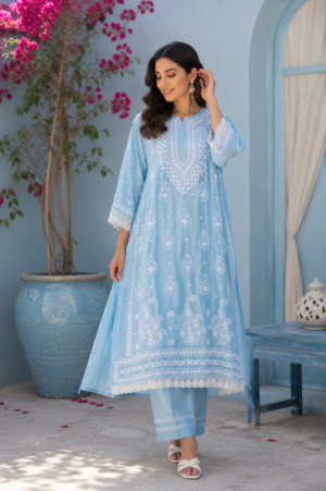 Sky Blue Chikankari Embroidered Kurti Set