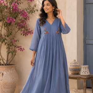 Dusty Blue Floral Embroidered Kurti Set
