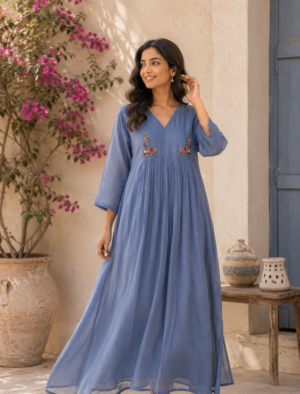 Dusty Blue Floral Embroidered Kurti Set
