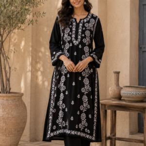 Black Floral Embroidered Kurti Set