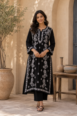 Black Floral Embroidered Kurti Set