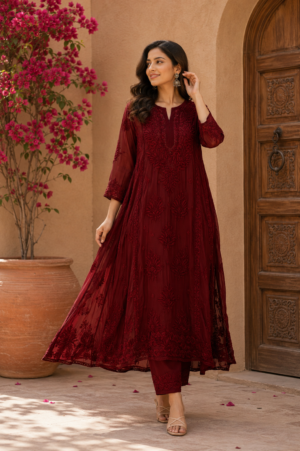 Wine Red Embroidered Net Kurti
