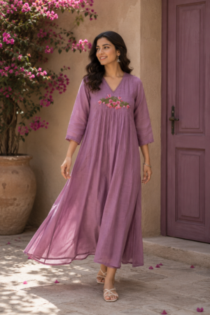 Mauve Floral Embroidered Kurti Set