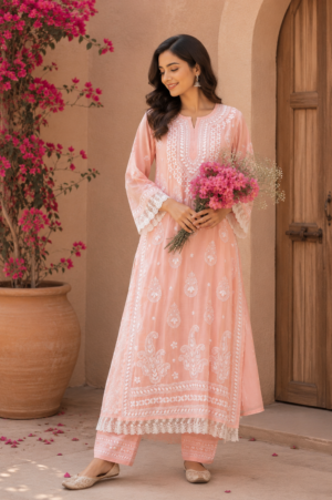Peach Chikankari Embroidered Kurti Set