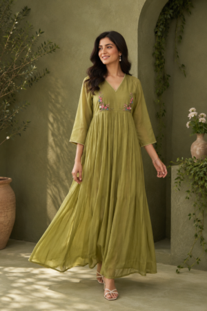 Olive Green Floral Embroidered Kurti Set