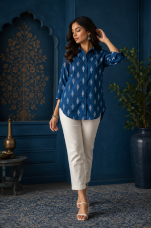 Teal Blue Block Printed Shirt