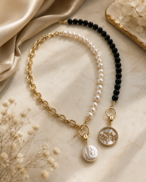 Pearl & Black Bead Gold Chain Layered Necklace