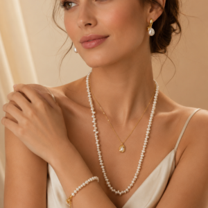 Elegant Pearl Jewellery Set with Gold Pendant Chain