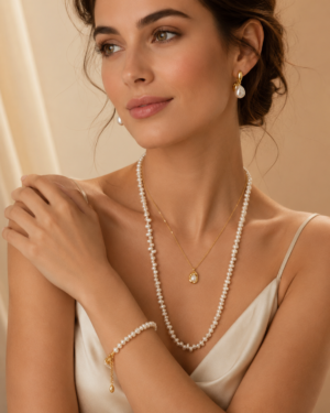 Elegant Pearl Jewellery Set with Gold Pendant Chain