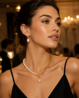 Pearl & Gold Chain Necklace Set with Matching Earrings
