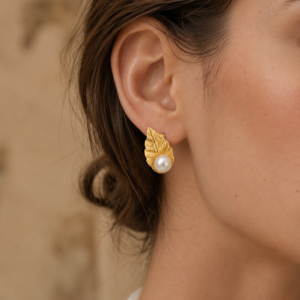 Golden Leaf Pearl Stud Earrings