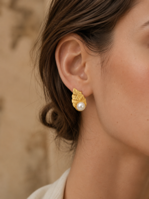 Golden Leaf Pearl Stud Earrings