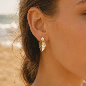 Golden Leaf Pearl Stud Earrings