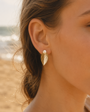 Golden Leaf Pearl Stud Earrings