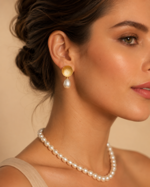 Textured Gold Disc Pearl Drop Earrings