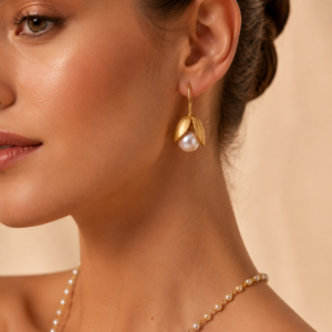 Lotus Pearl Gold Drop Earrings