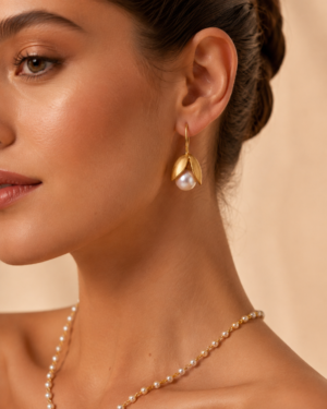 Lotus Pearl Gold Drop Earrings