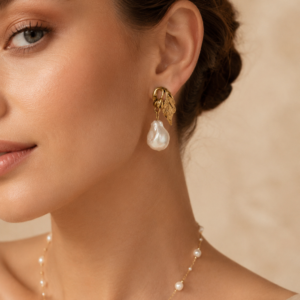 Golden Leaf Baroque Pearl Drop Earrings