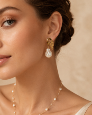 Golden Leaf Baroque Pearl Drop Earrings