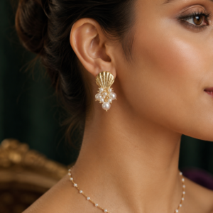 Golden Seashell Pearl Cluster Earrings