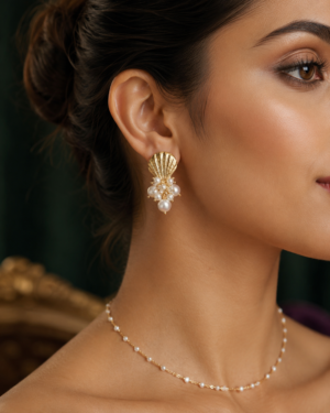 Golden Seashell Pearl Cluster Earrings