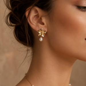 Golden Flower Pearl Drop Earrings