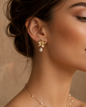 Golden Flower Pearl Drop Earrings