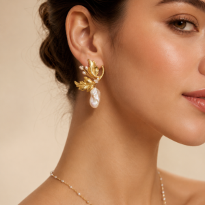Golden Leaf Pearl Statement Earrings