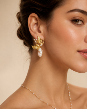 Golden Leaf Pearl Statement Earrings