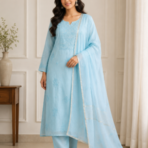 Aqua Blue Embroidered Kurti Set
