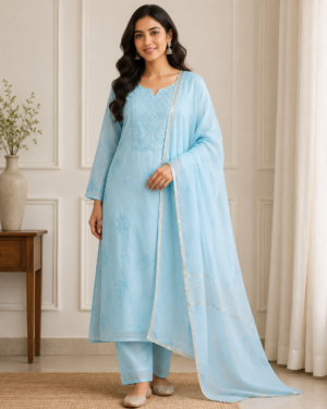 Aqua Blue Embroidered Kurti Set