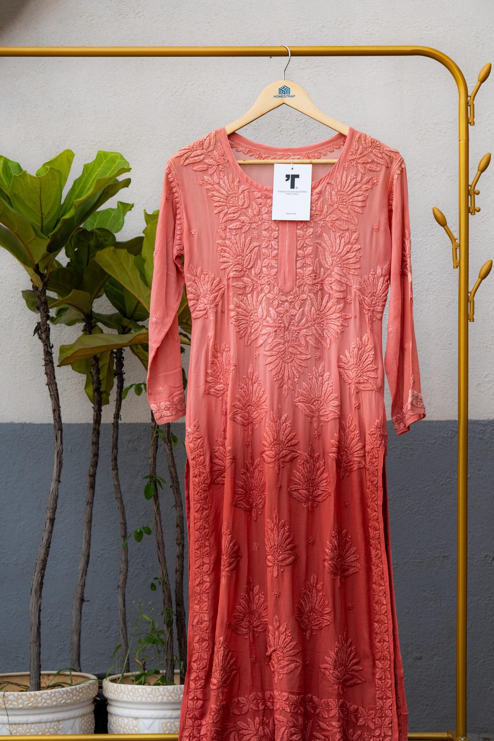 Coral Pink Embroidered Kurti - Image 3