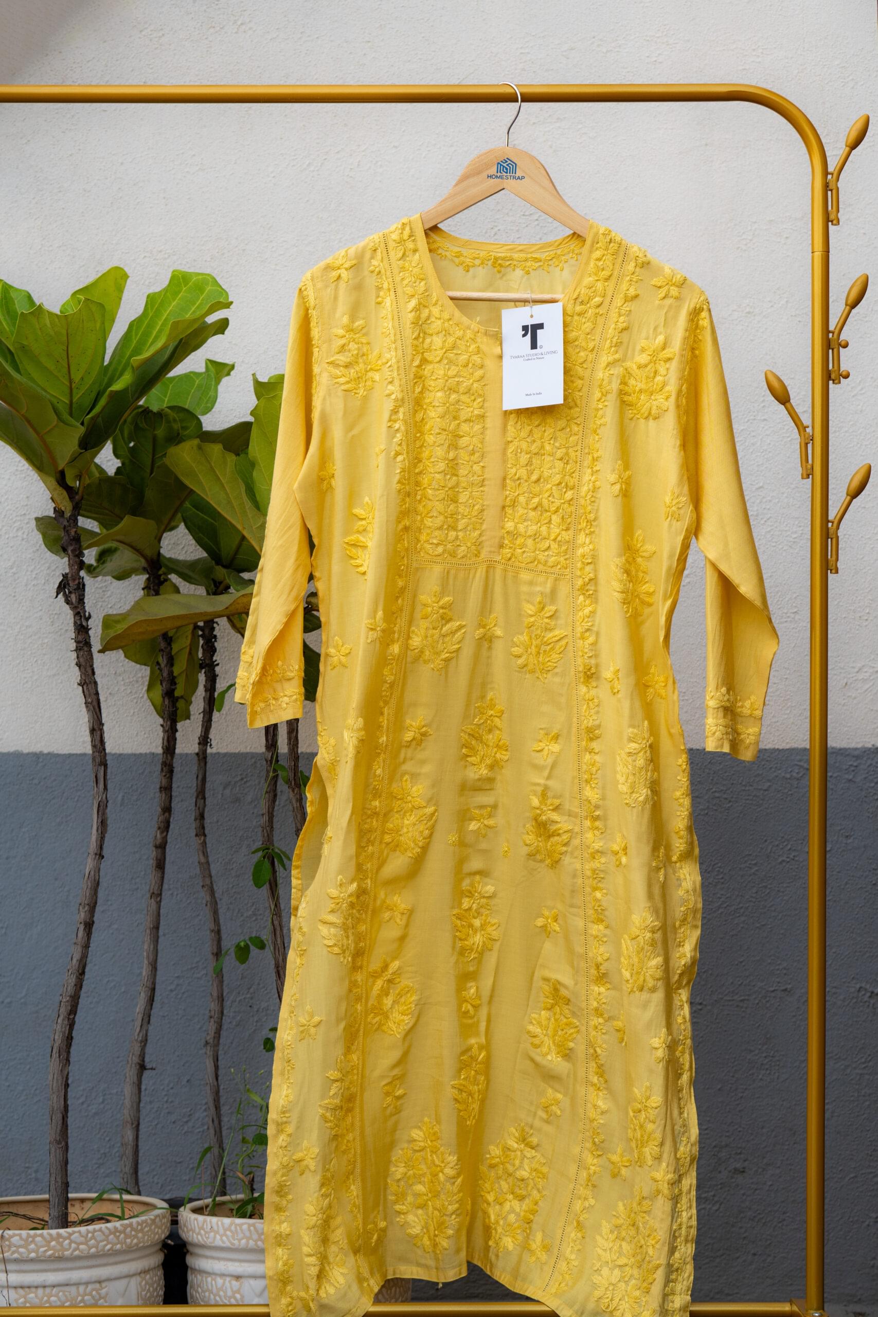 Lemon Yellow Embroidered Net Kurti - Image 3
