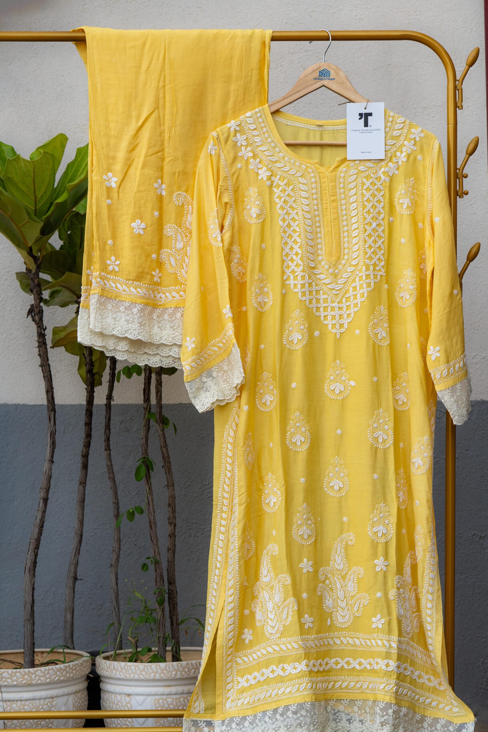 Sunshine Yellow Chikankari Embroidered Kurti - Image 3