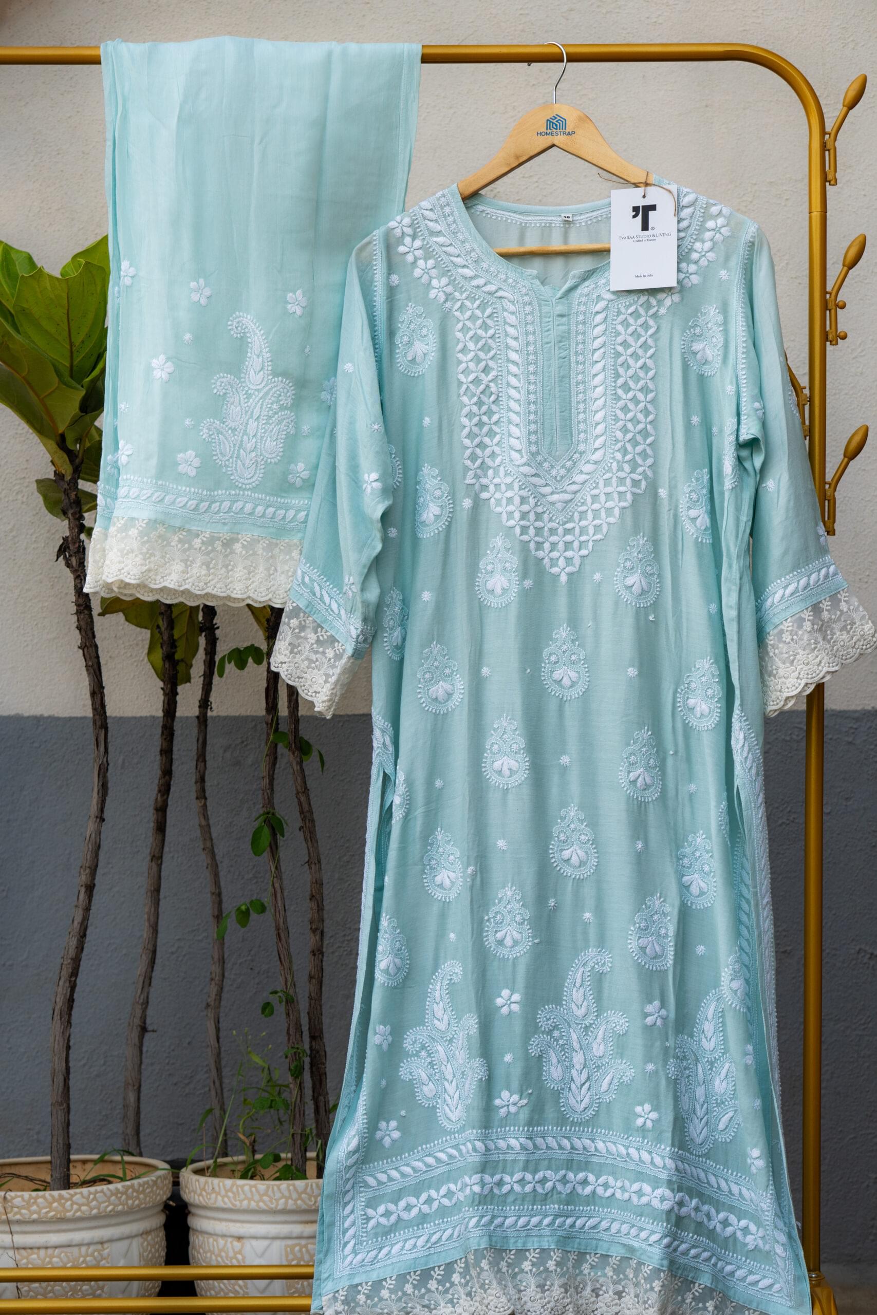 Aqua Blue Chikankari Embroidered Kurti Set - Image 3